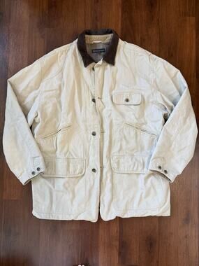 Vintage Banana Republic Chore Barn Jacket Beige XL Flannel Lined Leather Collar
